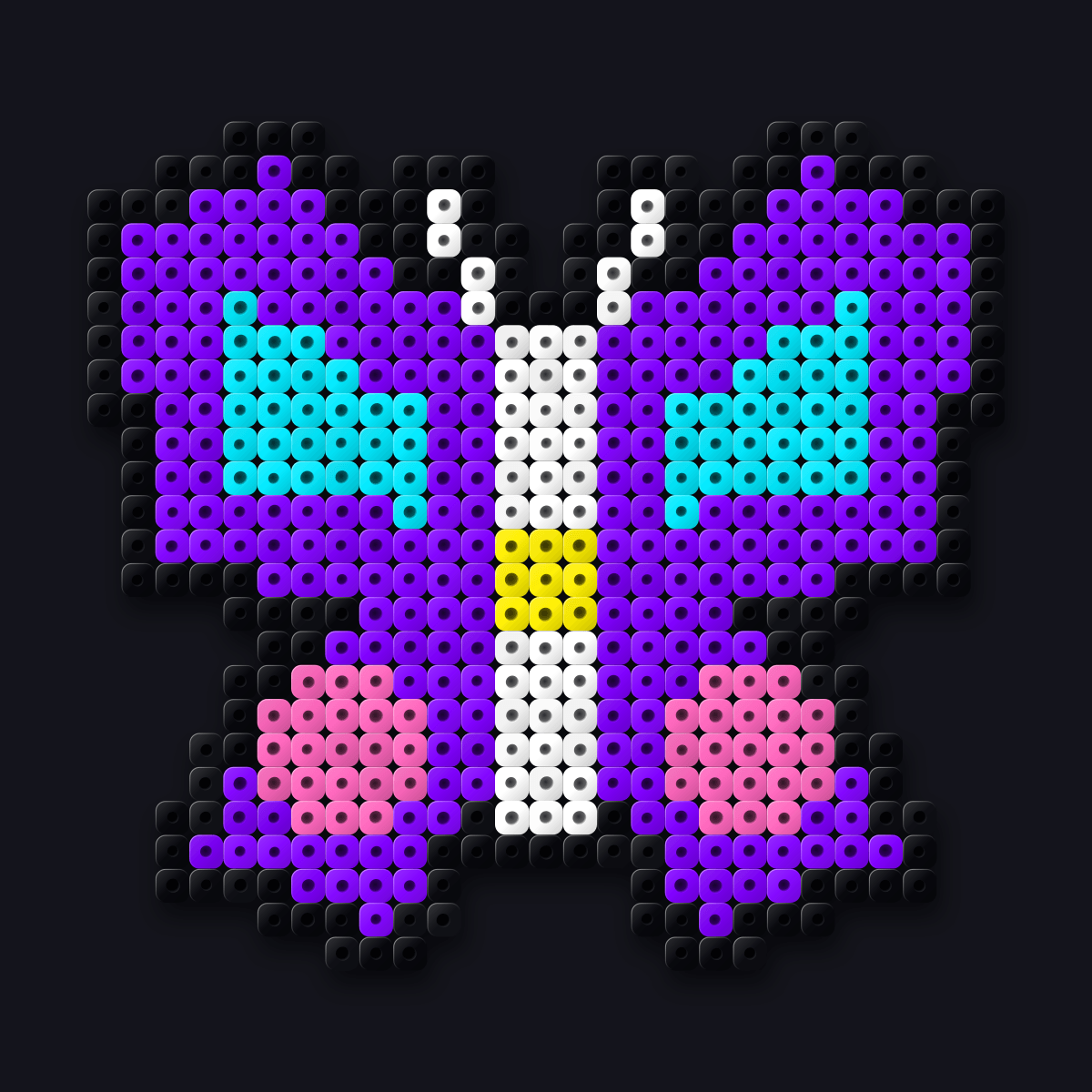 Lunar Moth perler pendant: a violet moth with aqua and pink wings